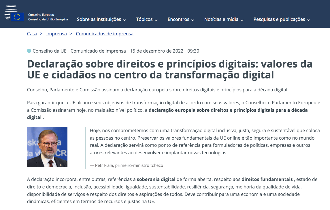 UE -Declaração sobre direitos e princípios digitais